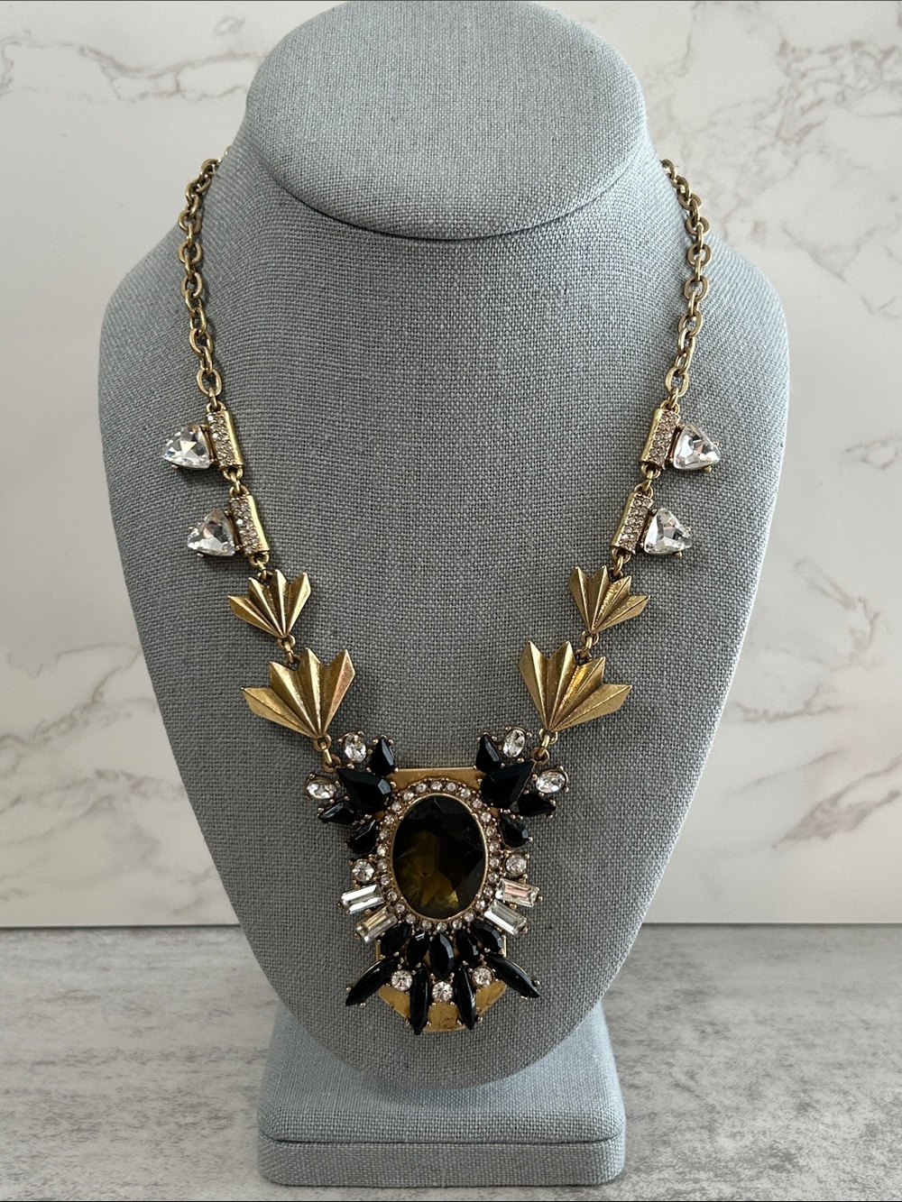 Gold-Tone Statement Necklace with Black and Clear Stones